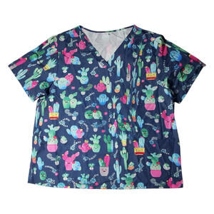 Women's Plus Size 3XL V-Neck Fun Print Pocket Short Sleeve Scrubs Top FREE S&H